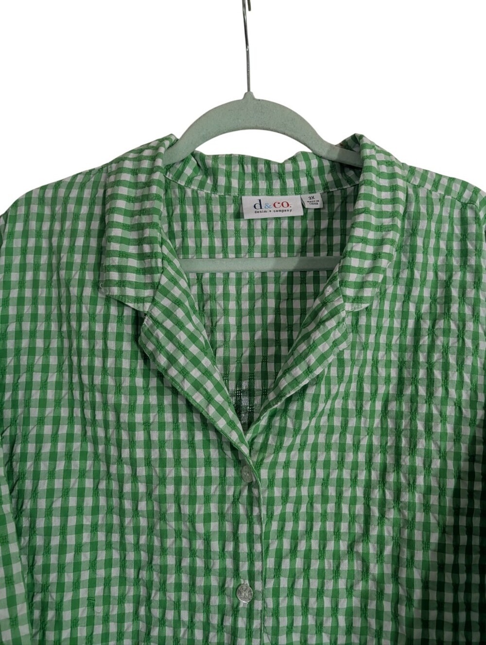 d&co. Denim + Company Green Gingham Seersucker Button Front Blouse 3X - Picture 3 of 9